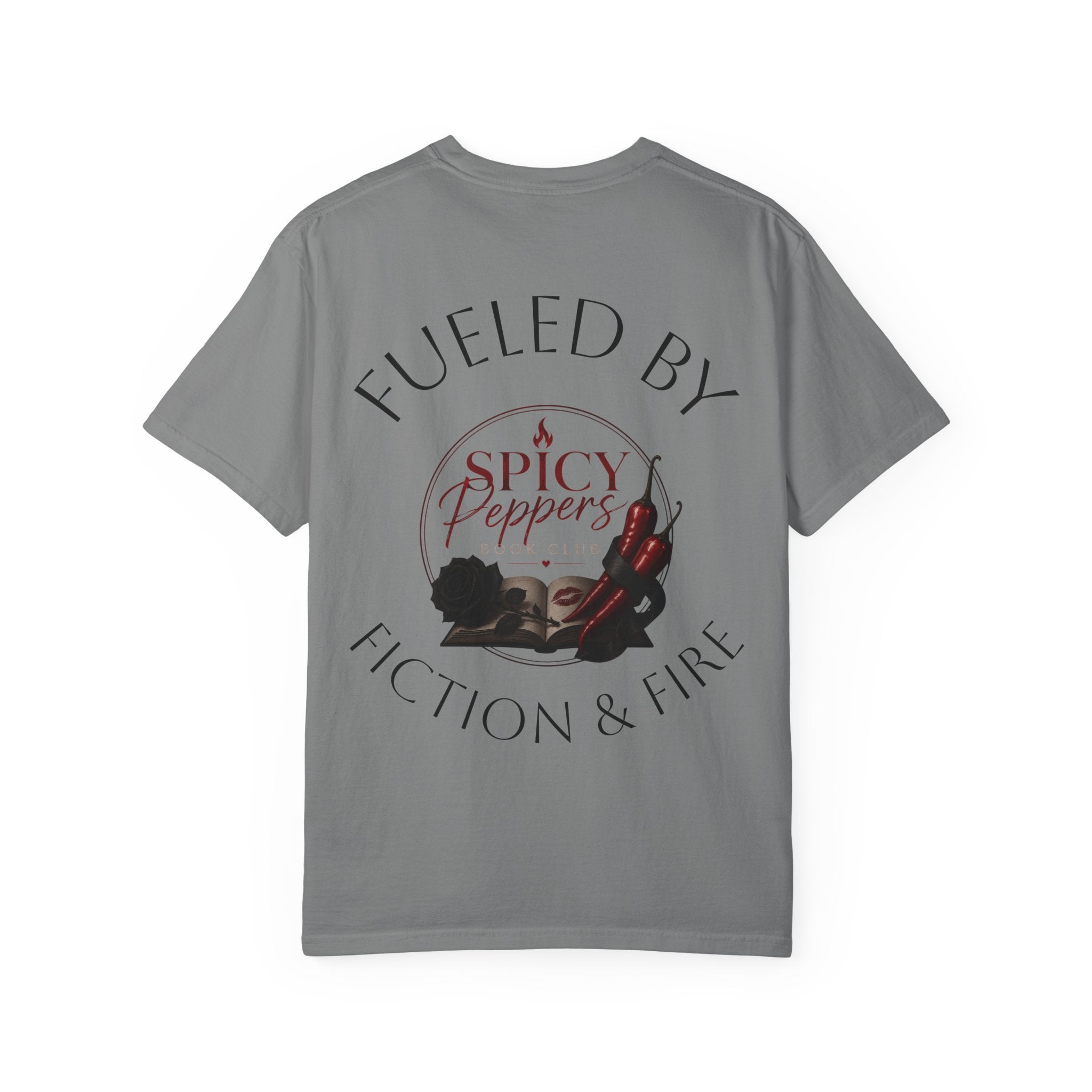 Fueled by Fiction & Fire T-Shirt — Spicy Peppers Book Club Tee
