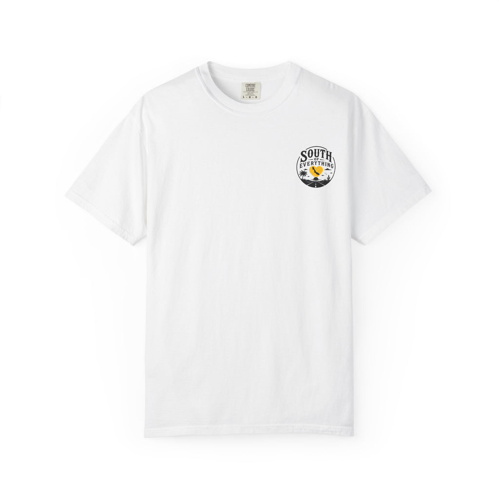 South of Everything sunset map T-shirt | palm tree road graphic