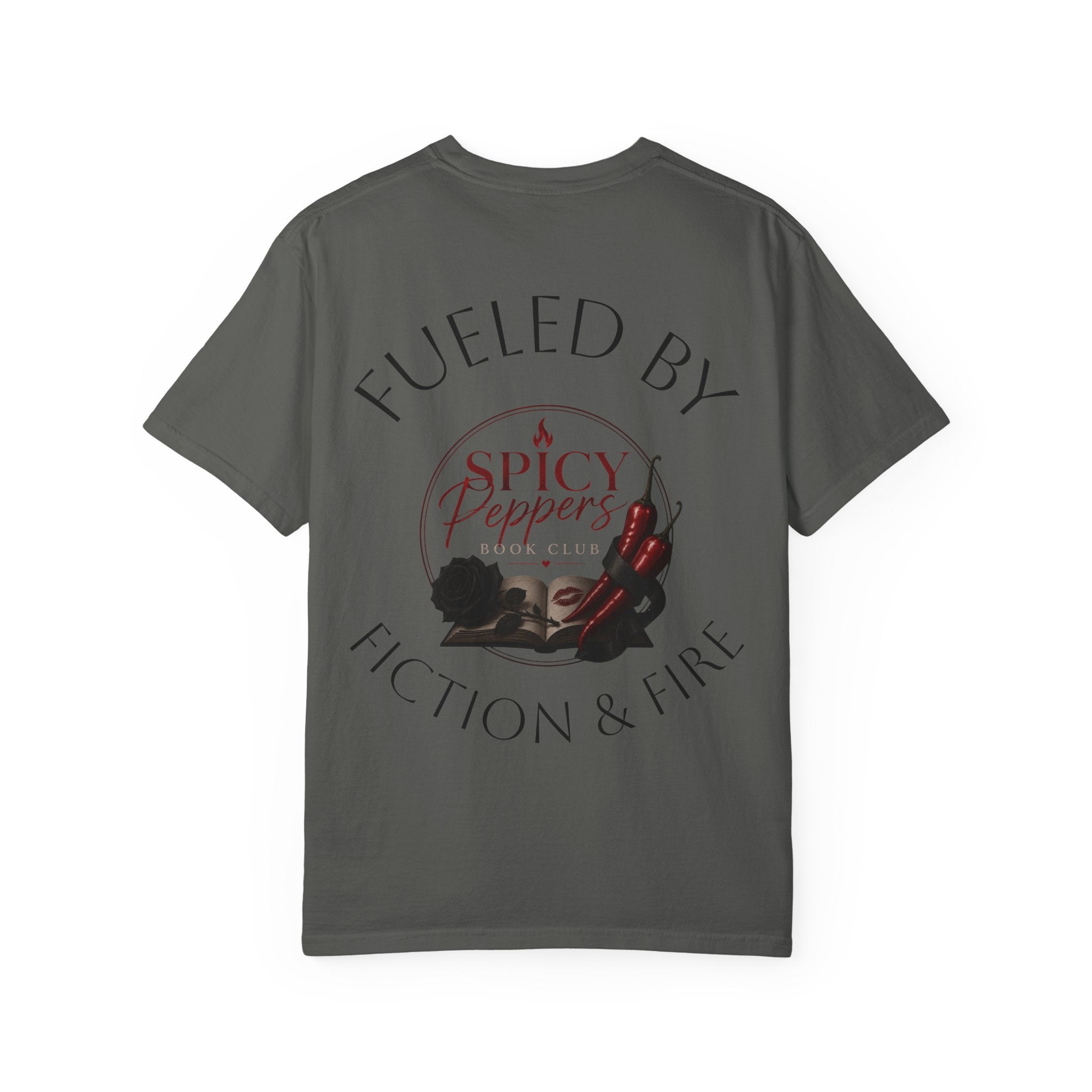 Fueled by Fiction & Fire T-Shirt — Spicy Peppers Book Club Tee