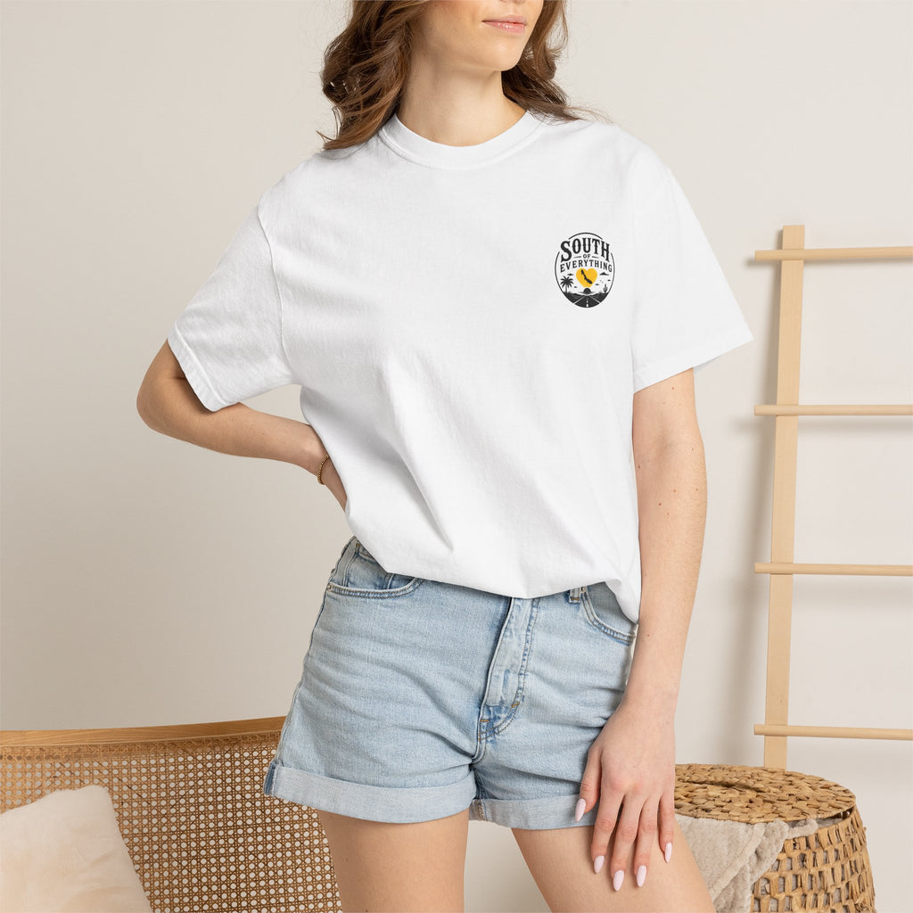 South of Everything sunset map T-shirt | palm tree road graphic