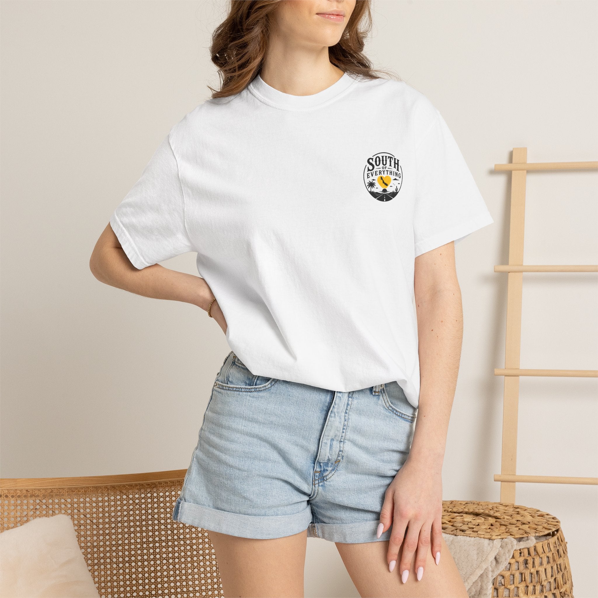 South of Everything sunset map T-shirt | palm tree road graphic